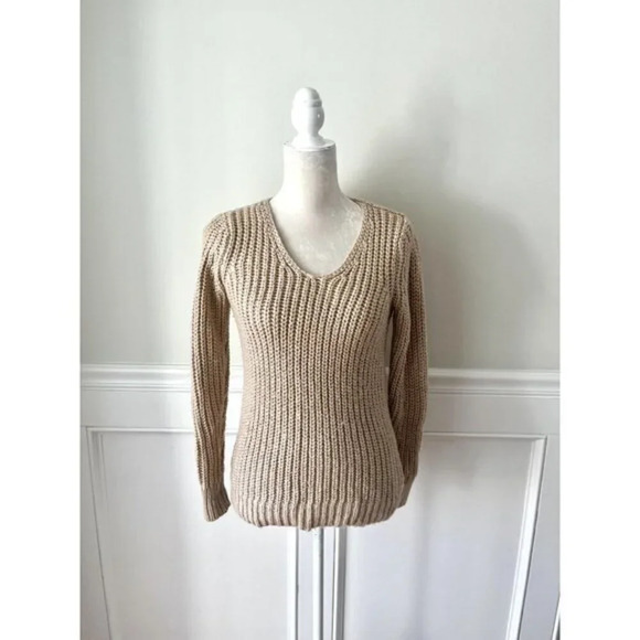 Loft Tan Metallic V Neck Chunky Knit Sweater XSP Petite - Picture 1 of 5